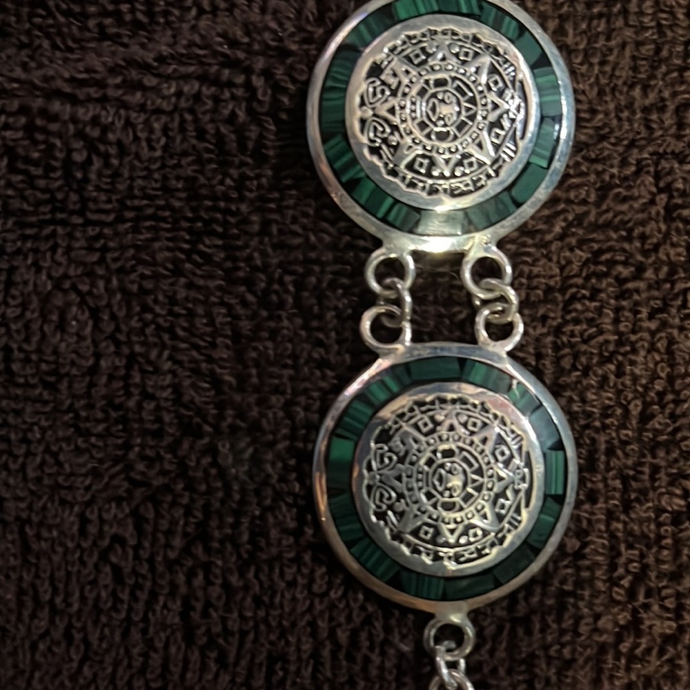 Mexican sun dial silver green inlay